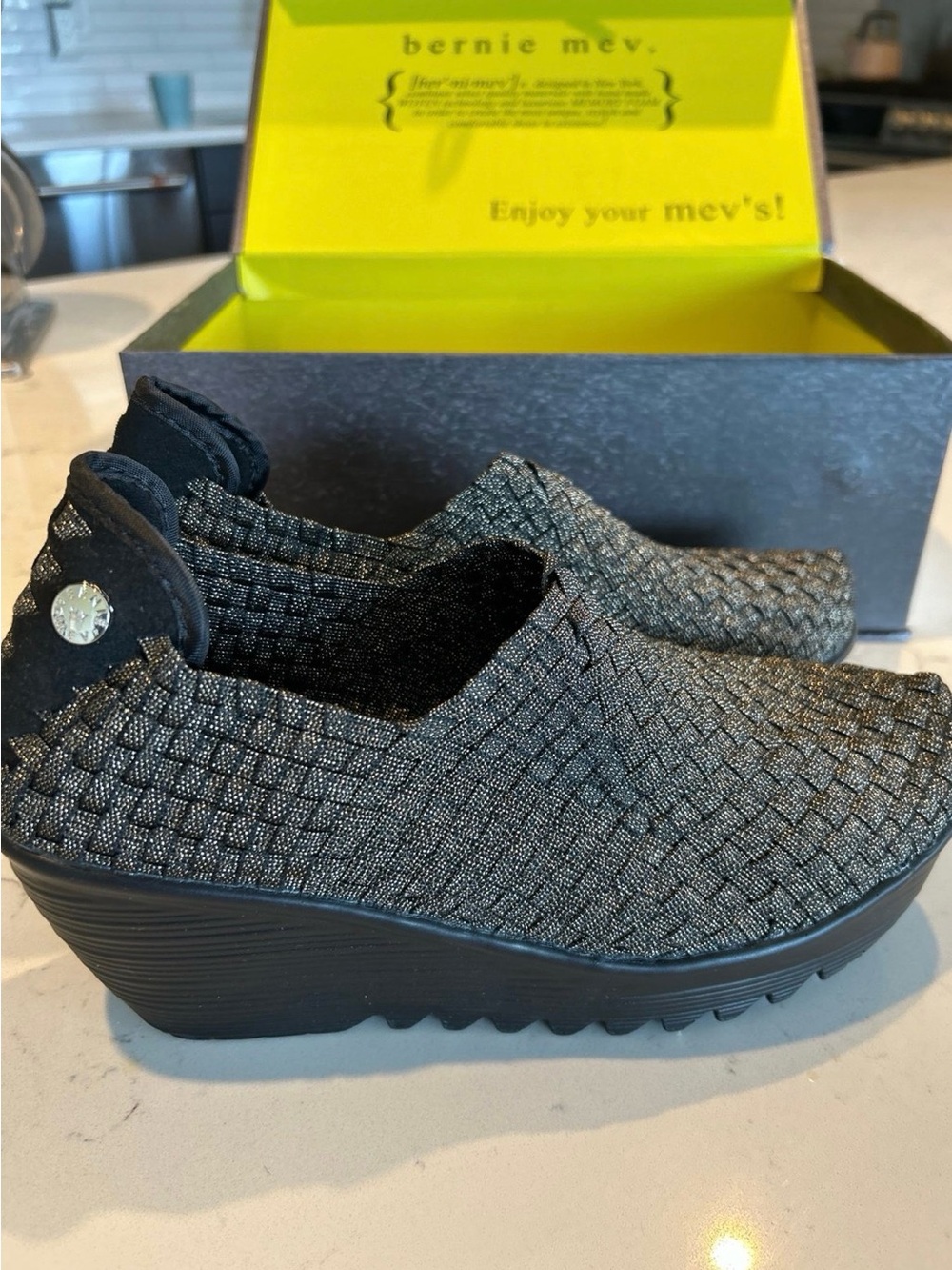 bernie mev. Mettalic Black Woven Slip-On Wedge Sneakers